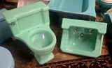Vintage 1950 Standard Ming Green Lowboy and matching Companion Shelf Back Sink with Legs & Towel Bars