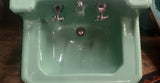 Vintage 1950 Standard Ming Green Lowboy and matching Companion Shelf Back Sink with Legs & Towel Bars