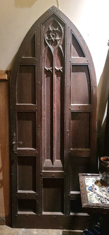 Early 20th C Pointed Arched Carved Oak Tudor Gothic Door