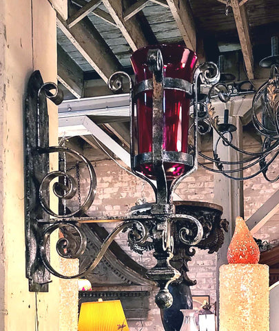 Large Vintage Gothic/Tudor Candle Wall Sconce with Red Glass Sanctuary Globe