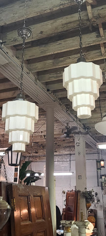 Pair Vintage Art Deco Skyscraper Schoolhouse Pendant Light Fixtures