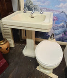 Vintage Set of Pedestal Sink and Sloan Valve Flush Toilet in Ivory de Medici byAmerican Standard