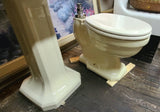 Vintage Set of Pedestal Sink and Sloan Valve Flush Toilet in Ivory de Medici byAmerican Standard