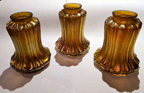 Set of 3 Antique Steuben Aurene Ribbed Glass Shades