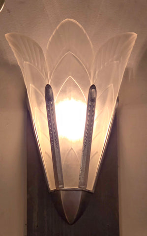 Pair of Art Deco Cast Glass Palm Leaf Sconces by Sabina