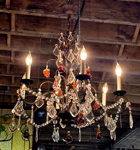 Vintage Whimsical Black Metal Chandelier with Fun Crystals
