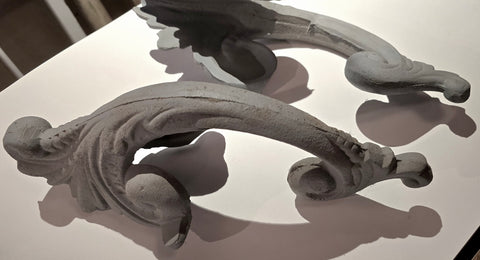 Pair Antique Cast Iron "Leafy Scroll" Urn Handles by Kramer Brothers Foundry late 1800s