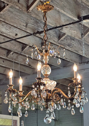 Large Vintage Metal, Glass and Tear Drop Crystal Chandelier