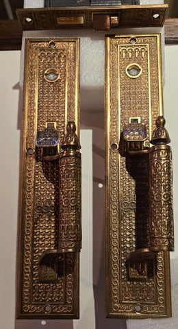 Late 1800s Reading Hardware Co. Cast Bronze Thumb Paddle Set with Original Mortise Lock
