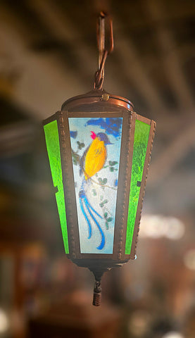 1920s Reverse Painted Pendant Lantern Light with Birds