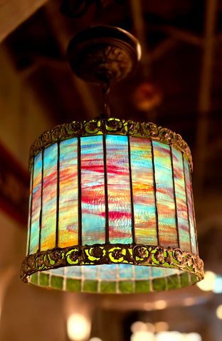 Vintage 1920s Stained Glass Light Fixture with Decorative Lead Banding