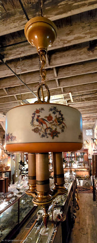 1920s Lightolier Chandelier with Painted Bird Shade