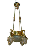 Beautifully Restored Turn of the Century Brass Chandelier with Wheel Cut Shades