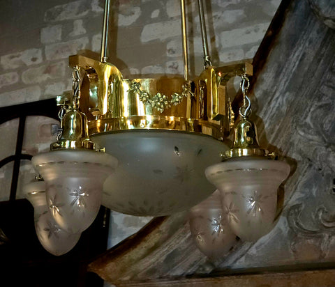 Beautifully Restored Turn of the Century Brass Chandelier with Wheel Cut Shades