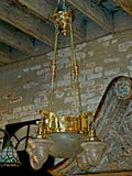 Beautifully Restored Turn of the Century Brass Chandelier with Wheel Cut Shades