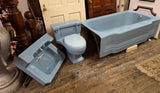 Vintage MCM Dresden Blue Pembroke Tub, Lowboy Elongated Toilet & Shelf Back Wall Sink