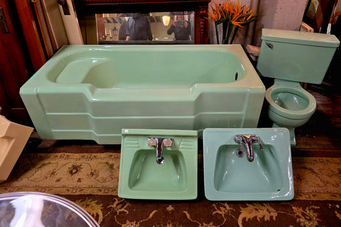 Vintage Green Rheem Richmond Bathtub with Seat, Briggs Toilet & Counter Sink, Wall Sink