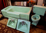 Vintage Green Rheem Richmond Bathtub with Seat, Briggs Toilet & Counter Sink, Wall Sink