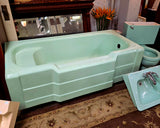 Vintage Green Rheem Richmond Bathtub with Seat, Briggs Toilet & Counter Sink, Wall Sink