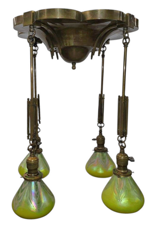 Beautiful Vintage Art Nouveau Chandelier with 4 Vintage Loetz Art Glass Shades