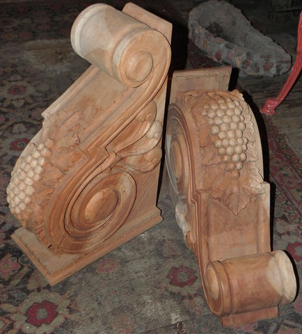 Pair of Large Hand Carved Mahogany Corbel with Grapes