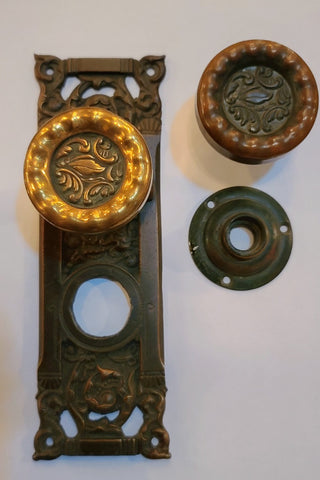 2 Vintage Sets of Bronze & Brass "Columbian" Pattern Entry Hardware - Sold Sep