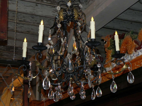 Vintage Black Iron Chandelier with Crystal (not wired)
