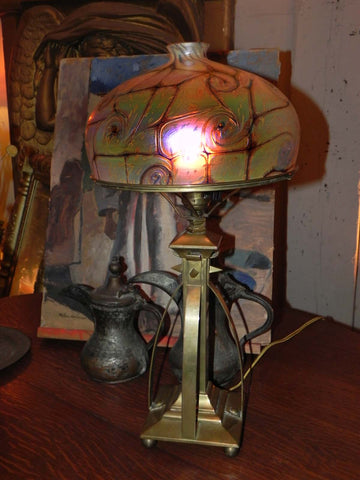 Beautiful Vintage Brass Arts & Crafts Lamp Base with Hand Blown Czech Art Glass Shade