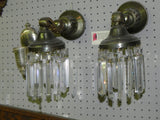 Pair Of Vintage Federal Styled Spun Brass Light Sconces with Colonial Glass Pendent Crystals