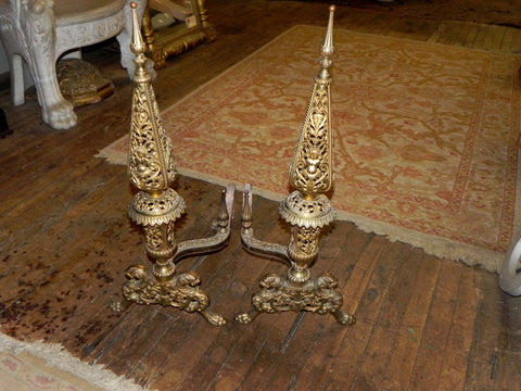 Large Pair of Antique Ornate Brass Andirons with Griffins & Cupids