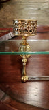 Antique Victorian Glass Shelf with Towel Bar & 2 Brass Filigree Cup Holders