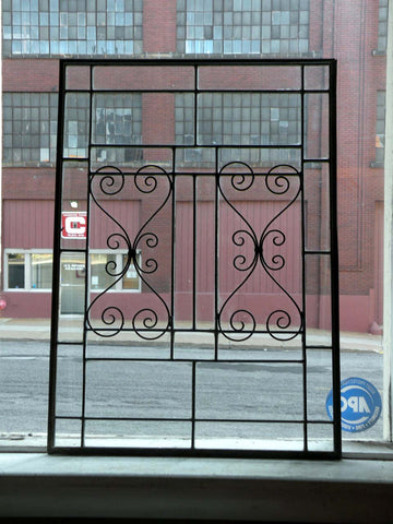 2 Antique Leaded Glass Windows with Decorative Zinc Scrolls